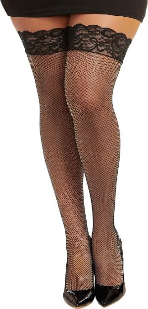 Picture of Music Legs - Silicone Lace Top Fishnet Thigh Highs - Black Plus Size