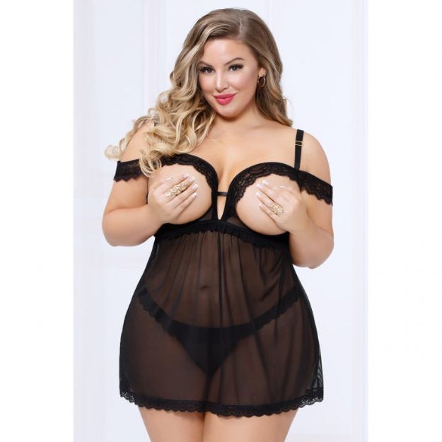 Picture of Seven Til Midnight – Babydoll Open Cup Lace Trim Black